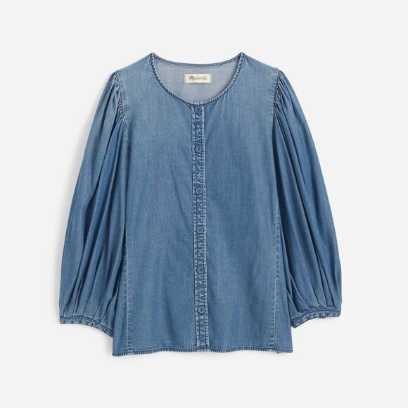 NWT Madewell Denim Puff-Sleeve Button-Up Top Size 12 - Picture 6 of 13
